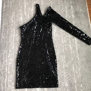 One shoulder black sequin dress